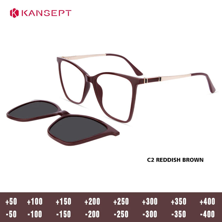 Kansept Women's Full Rim Square Tr 90 Alloy Reading Glasses Clip On Sunglasses 513002