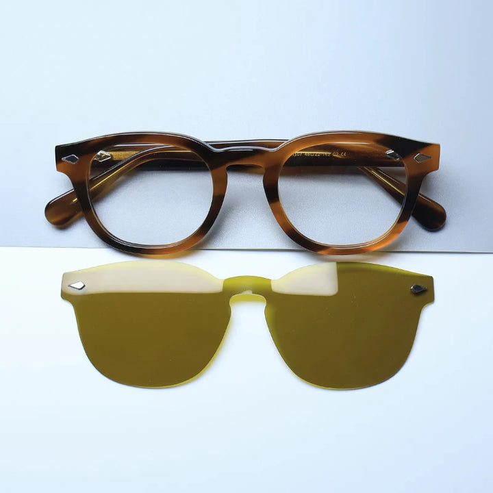 Gatenac Unisex Full Rim Round Acetate Eyeglasses Polarized Clip On Sunglasses 1145  FuzWeb  Turtle Yellow  