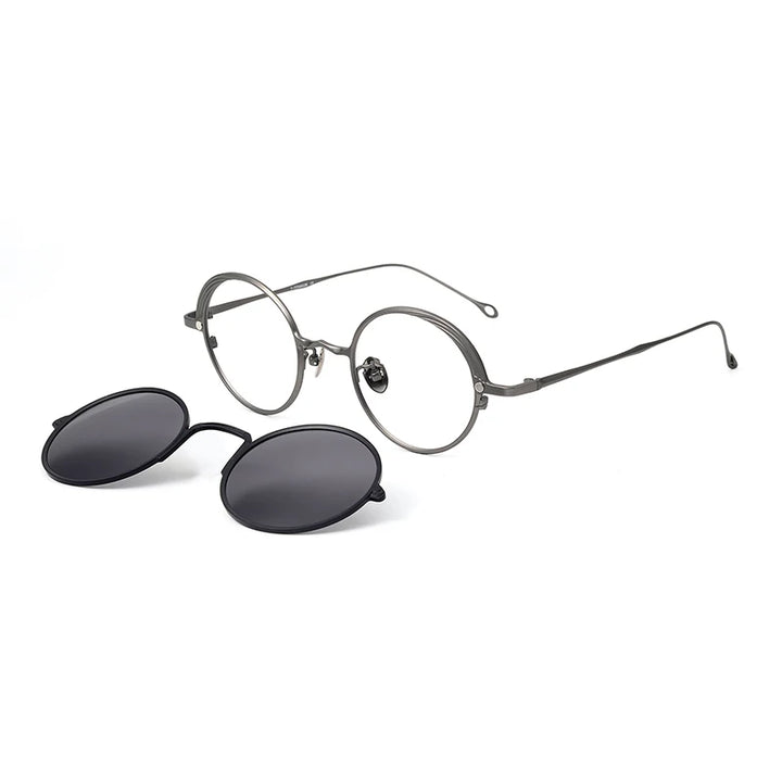 Muzz Unisex Full Rim Round Titanium Eyeglasses Clip On Sunglasses 41008 With Clip Ons Muzz C3