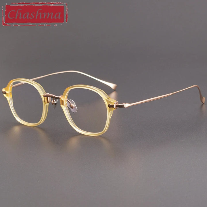 Chashma Unisex Full Rim Flat Top Round Acetate Titanium Eyeglasses 183 Full Rim Chashma Yellow Bronze  