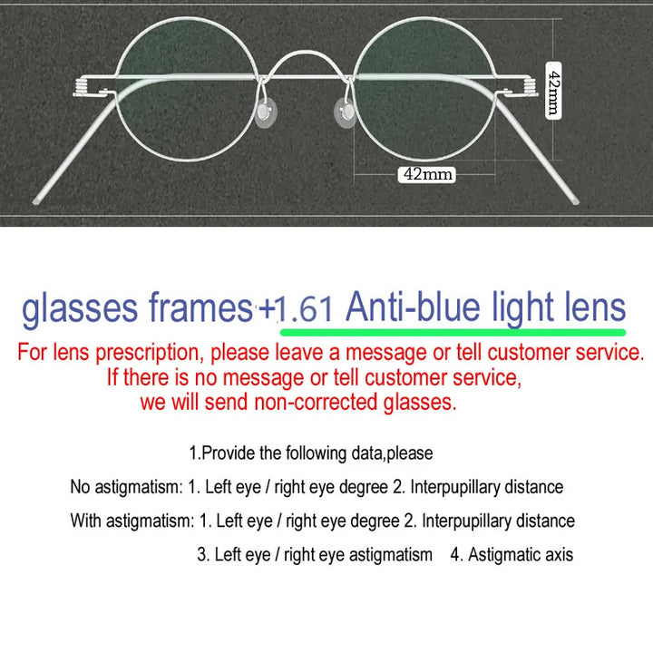 Yujo Unisex Full Rim Round Screwless Stainless Steel Eyeglasses 15032