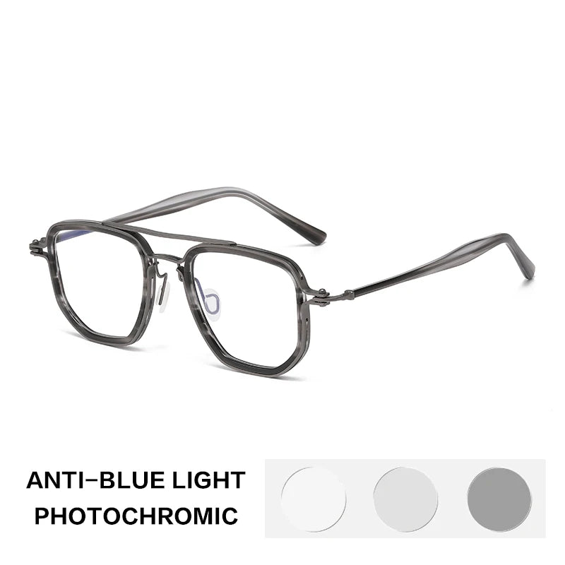 Gatenac Unisex Full Rim Big Square Double Bridge Acetate Titanium Photochromic Reading Glasses 58768