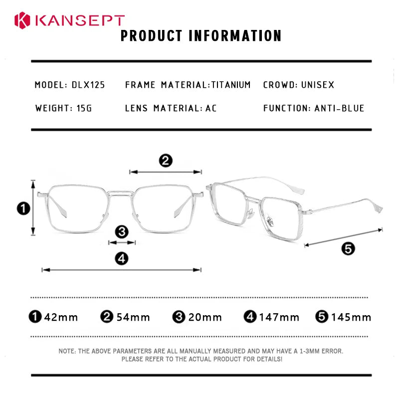 Kansept Unisex Full Rim Square Double Bridge Titanium Reading Glasses 628125