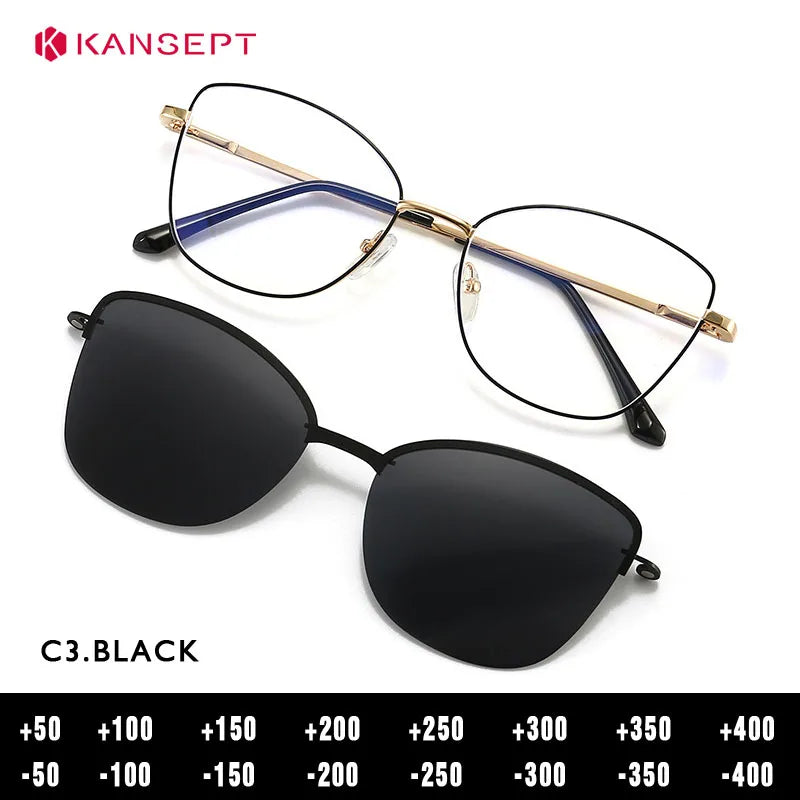 Kansept Women's Full Rim  Cat Eye Alloy Reading Glasses Clip On Sunglasses 70159