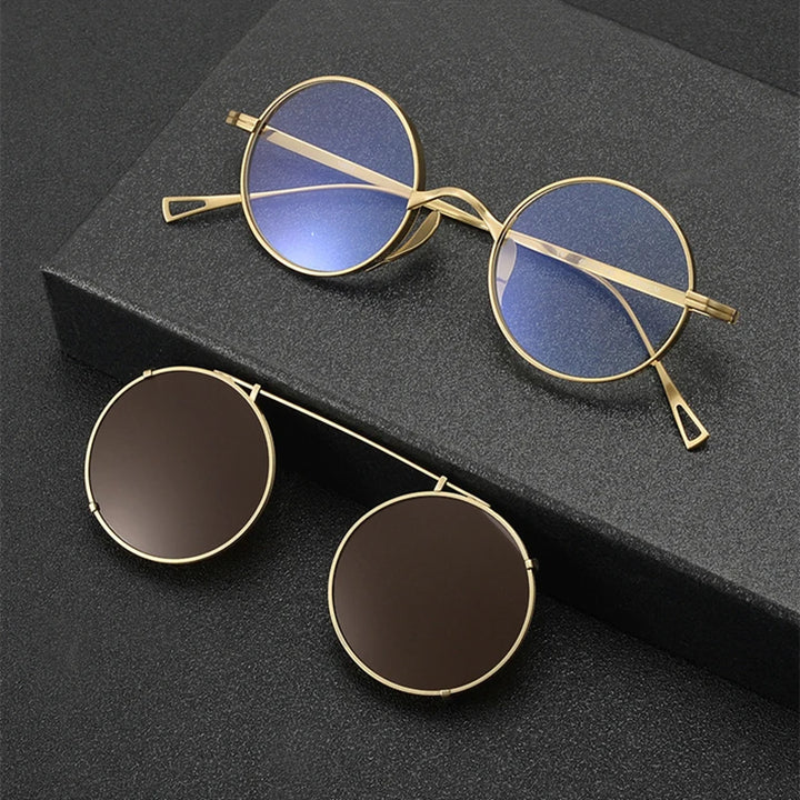 Black Mask Women's Full Rim Round Titanium Eyeglasses Clip On Sunglasses 310518