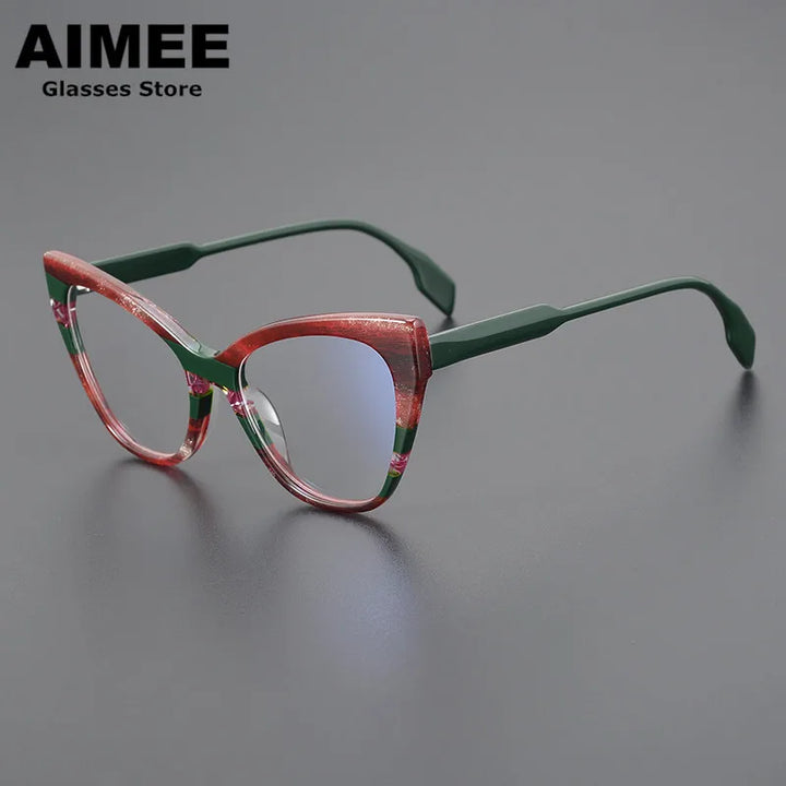 Aimee Unisex Full Rim Square Cat Eye Thick Acetate Eyeglasses 2629 Full Rim Aimee Red-Green  