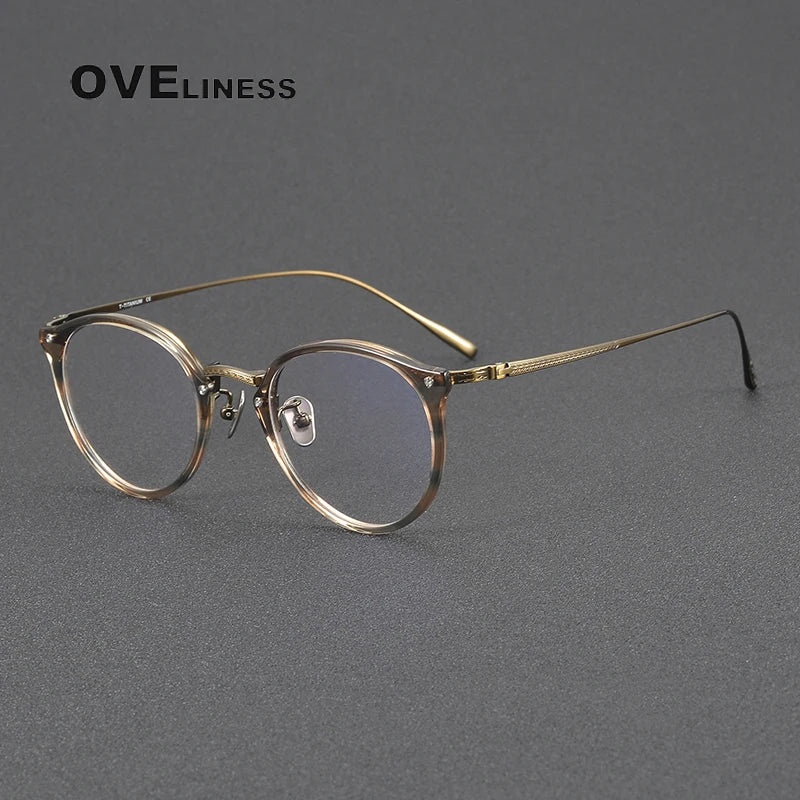 Oveliness Women's Full Rim Round Acetate Titanium Eyeglasses Full Rim Oveliness tea bronze  