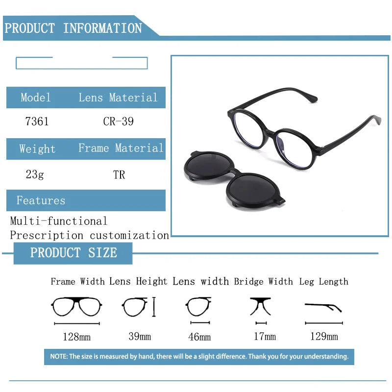 Kokolior Unisex Youth's Full Rim Round Tr 90 Alloy Reading Glasses Clip On Sunglasses 517361