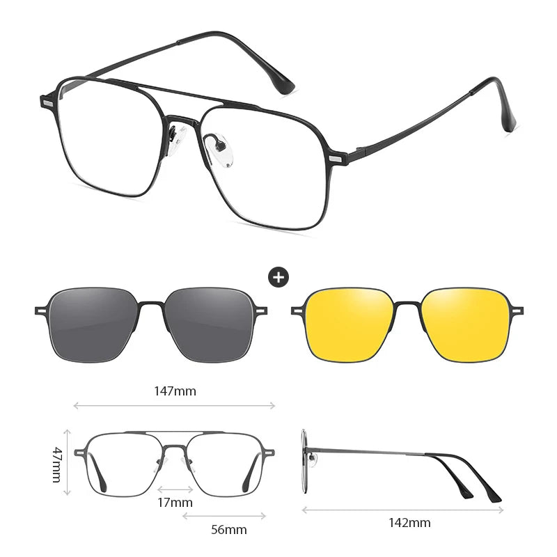 Hdcrafter Women's Full Rim Square Double Bridge Titanium Tr 90 Eyeglasses Clip On Sunglasses 414819