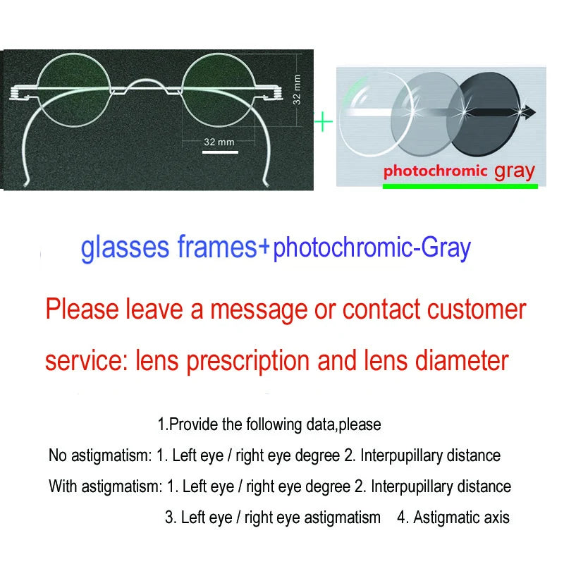 Yujo Unisex Full Rim Round Stainless Steel Eyeglasses 303236 Full Rim Yujo Photochromic Gray 32 CHINA