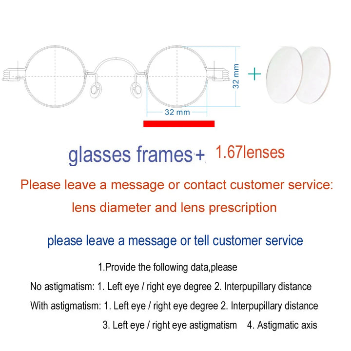 Yujo Unisex Full Rim Small Round Screwless Steel Eyeglasses Full Rim Yujo 1.67 lens 32 CHINA 