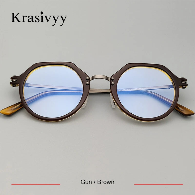 Krasivyy Unisesx Full Rim Flat Top Oval Titanium Acetate Eyeglasses 95882 Full Rim Krasivyy Gun Brown