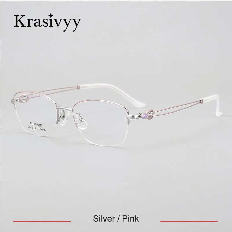 Krasivyy Women's Semi Rim Oval Square Titanium Eyeglasses 443013 Semi Rim Krasivyy Silver Pink  