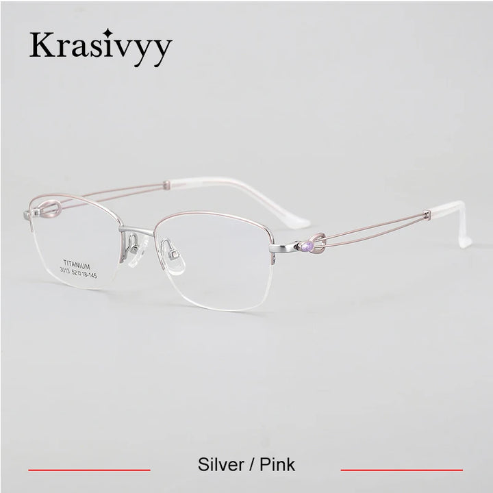 Krasivyy Women's Semi Rim Oval Square Titanium Eyeglasses 443013 Semi Rim Krasivyy Silver Pink  