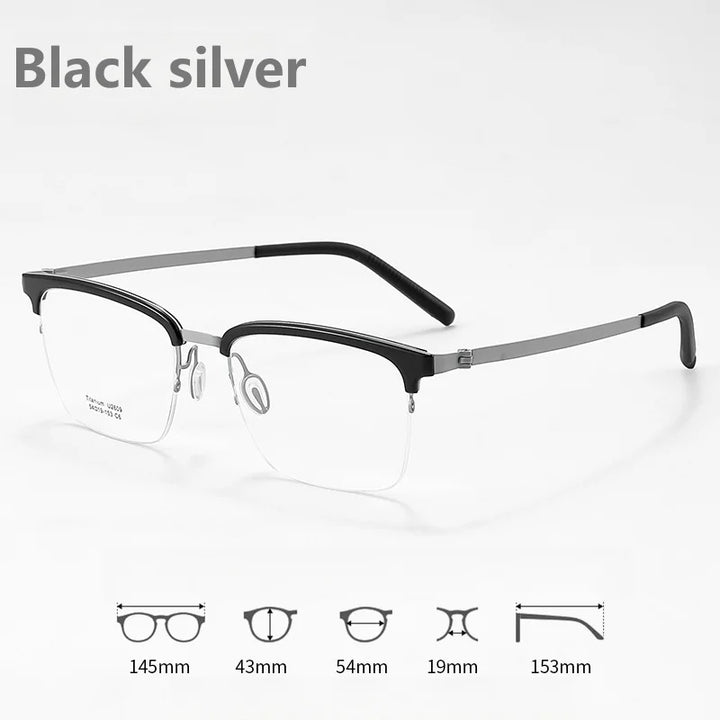 KatKani Mens Semi Rim Square Titanium Eyeglasses 2609 Semi Rim KatKani Eyeglasses Black silver  