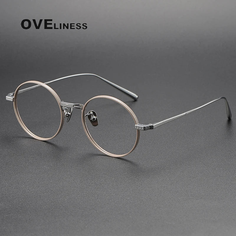 Oveliness Unisex Full Rim Round Oval Titanium Eyeglasses 19026 Full Rim Oveliness khaki silver  