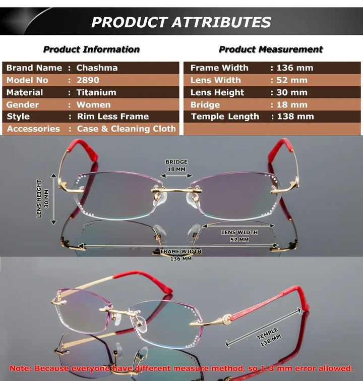 Chashma Women's Rimless Oval Rectangle Titanium Eyeglasses 882890.