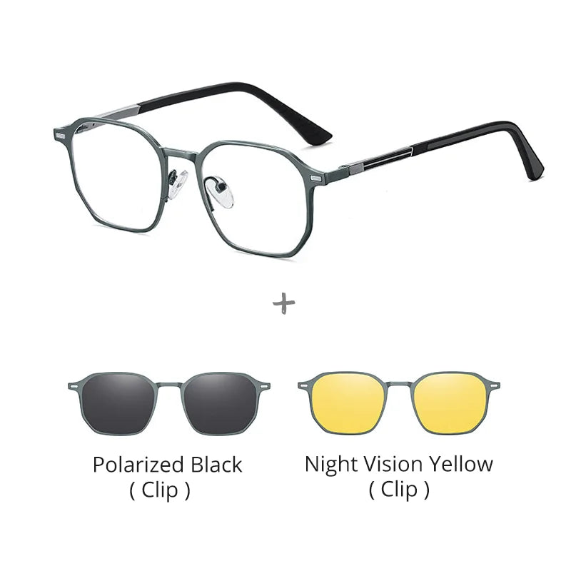 Ralferty Women's Full Rim Flat Top Square Mg Al Eyeglasses Clip On Sunglasses 517036