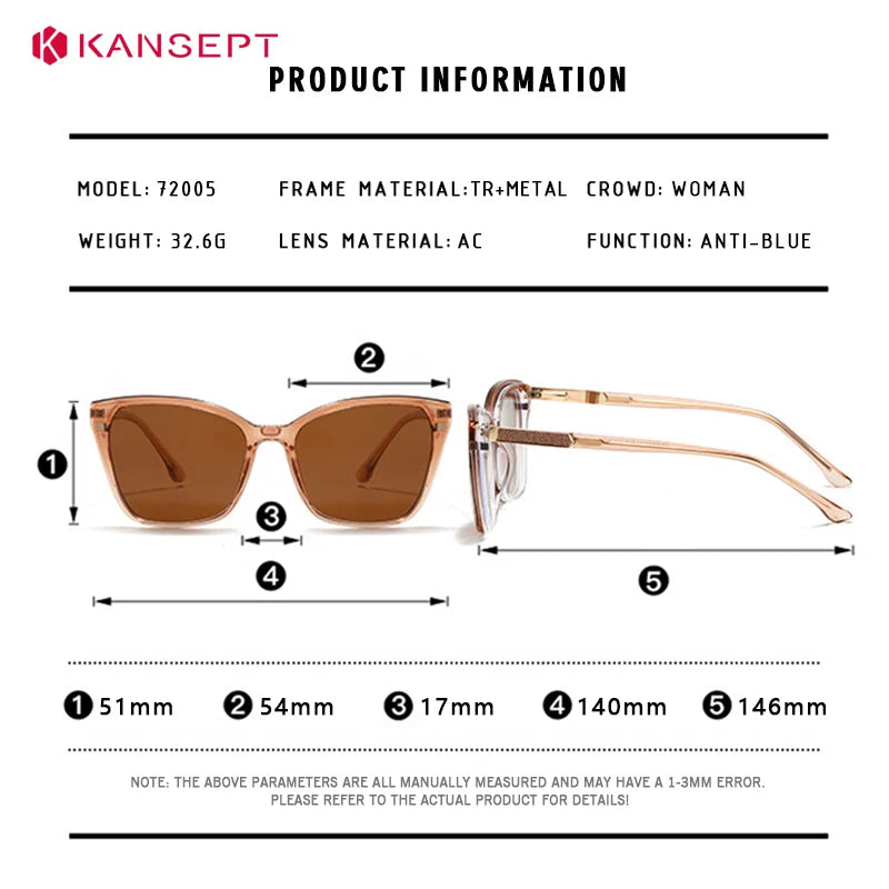 Kansept Unisex Full Rim Square Tr 90 Alloy Reading Glasses Clip On Sunglasses 72005