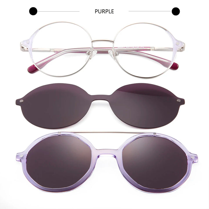 Esnbie Women's Full Rim Roun Alloy Eyeglasses Clip On Sunglasses 69957 With Clip Ons Esnbie purple  