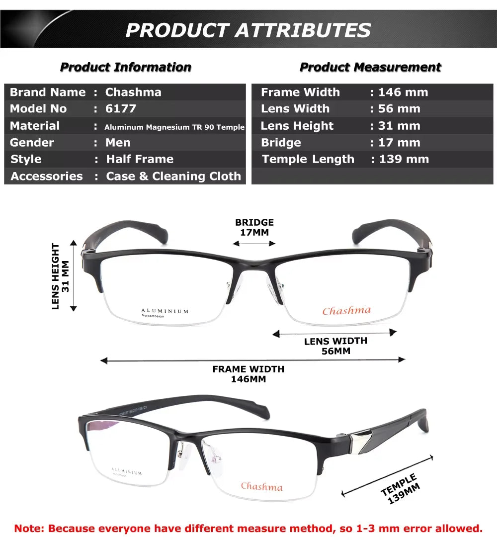 Chashma Unisex Semi Rim Square Aluminum Reading Glasses 946177 Reading Glasses Chashma