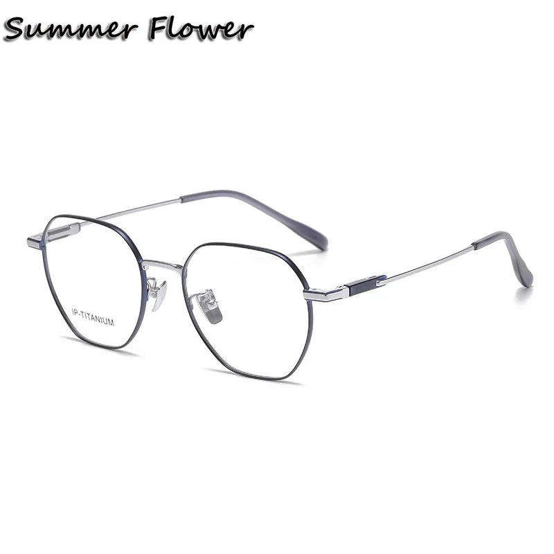 Summer Flower Unisex Full Rim Polygon Oval Titanium Eyeglasses 861010 Full Rim Summer Flower Blue Silver