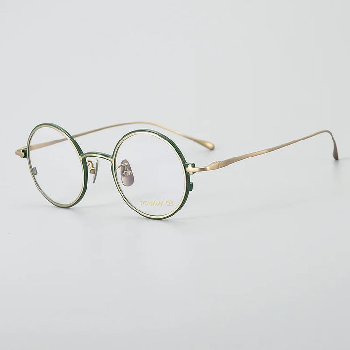 Black Mask Unisex Full Rim Round Titanium Eyeglasses 2343 Full Rim Black Mask Green-Gold  