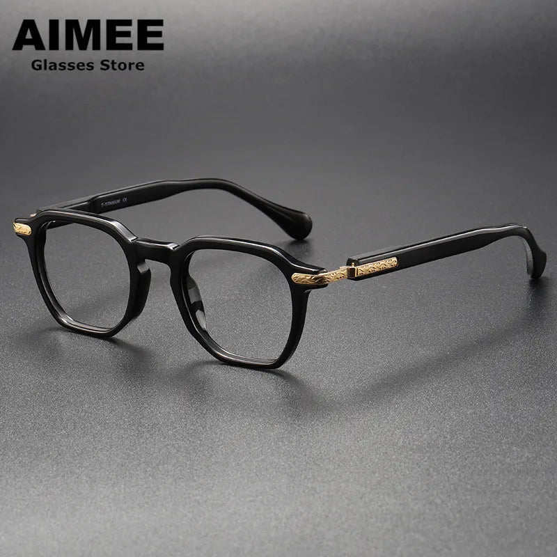 Aimee Unisex Full Rim Polygon Square Titanium Acetate Eyeglasses 85855 Full Rim Aimee Black-Golden  