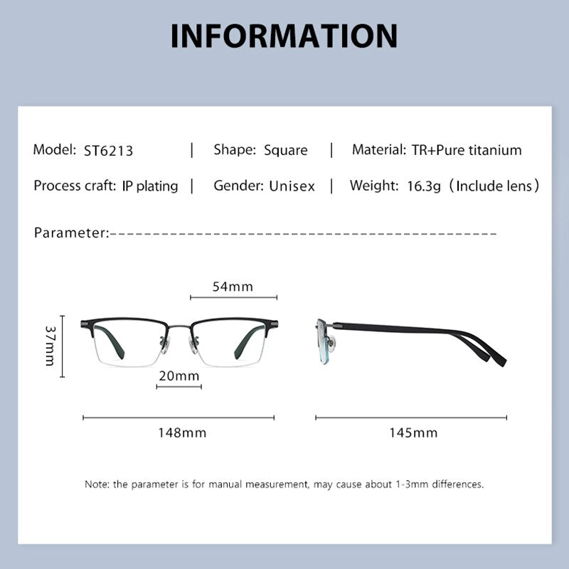 Zirosat Men's Semi Rim Square Tr 90 Titanium Eyeglasses St6213 Semi Rim Zirosat   