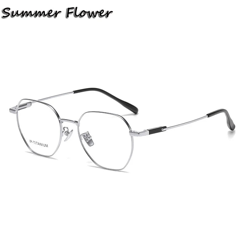 Summer Flower Unisex Full Rim Polygon Oval Titanium Eyeglasses 861010 Full Rim Summer Flower Silver