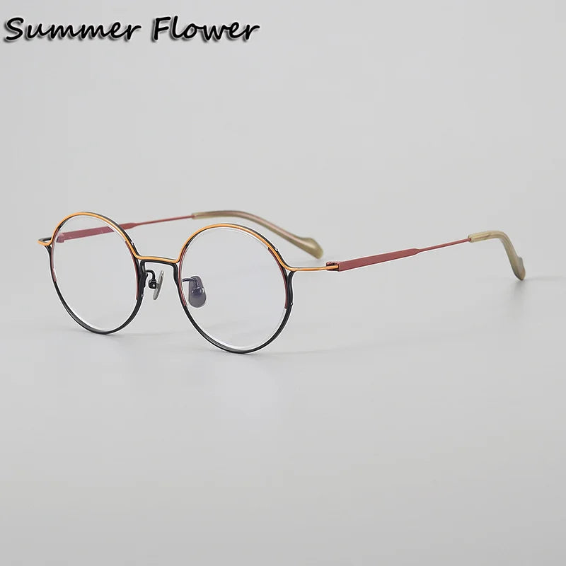 Summer Flower Unisex Full Rim Round Acetate Titanium Eyeglasses 24002 Full Rim Summer Flower Orange Red