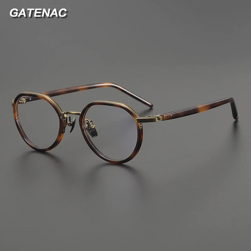 Gatenac Unisex Full Rim Flat Top Round Acetate Titanium Eyeglasses G2171