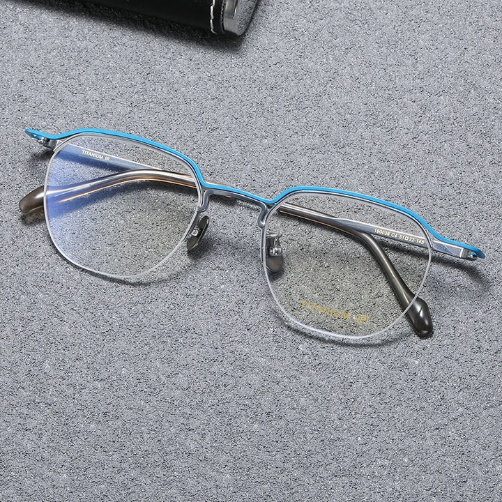 Black Mask Unisex Semi Rim Square Titanium Acetate Eyeglasses B0036 Semi Rim Black Mask Blue-Silver  