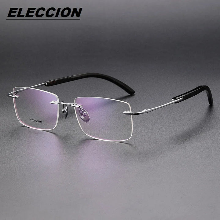 Eleccion Men's Rimless Square Titanium Ox Horn Temple Eyeglasses 92129