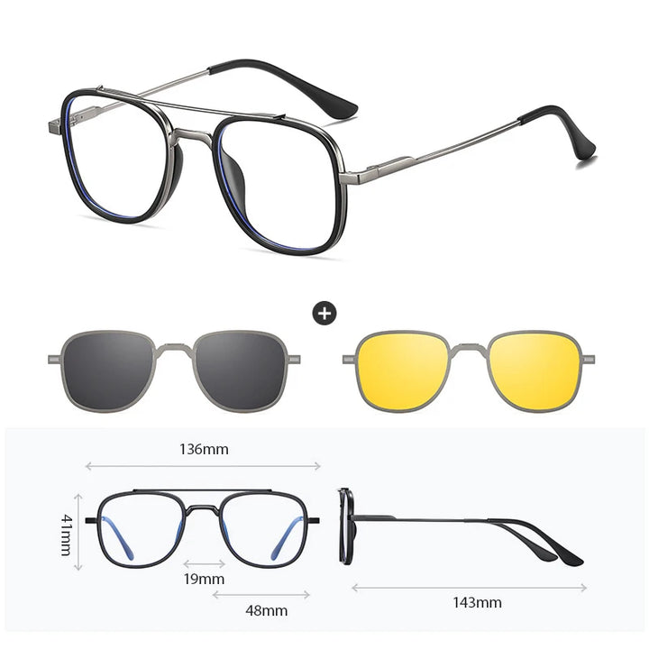 Hdcrafter Women's Full Rim Square Double Bridge Titanium Tr 90 Eyeglasses Clip On Sunglasses 414819