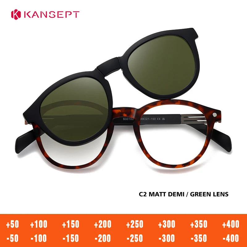 Kansept Unisex Full Rim Round Tr 90 Titanium Reading Glasses Clip On Sunglasses 33103