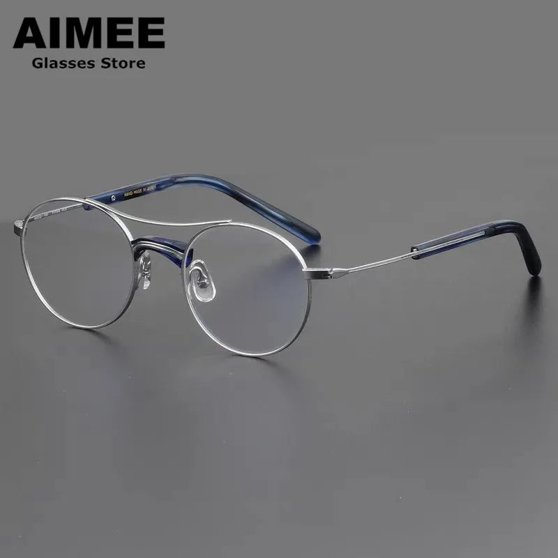 Aimee Unisex Full Rim Round Double Bridge Titanium Eyeglasses 7106 Full Rim Aimee Silver-Blue  