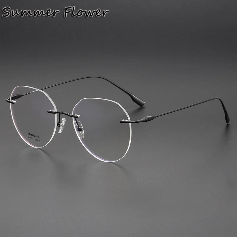 Summer Flower Women's Rimless Flat Top Round Titanium Eyeglasses 96611 Rimless Summer Flower Black