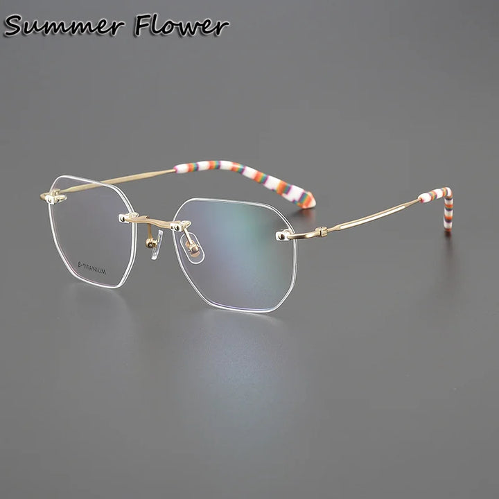 Summer Flower Unisex Rimless Flat Top Polygon Titanium Eyeglasses 28431
