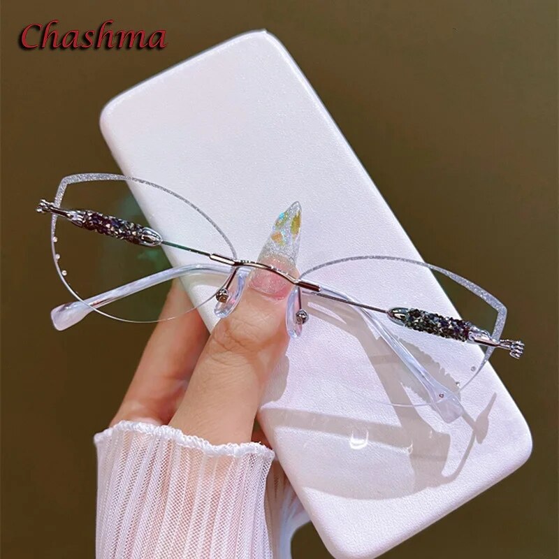 Chashma Ochki Women's Rimless Cat Eye Titanium Glitter Edge Eyeglasses H1 Rimless Chashma Ochki Silver Clear  