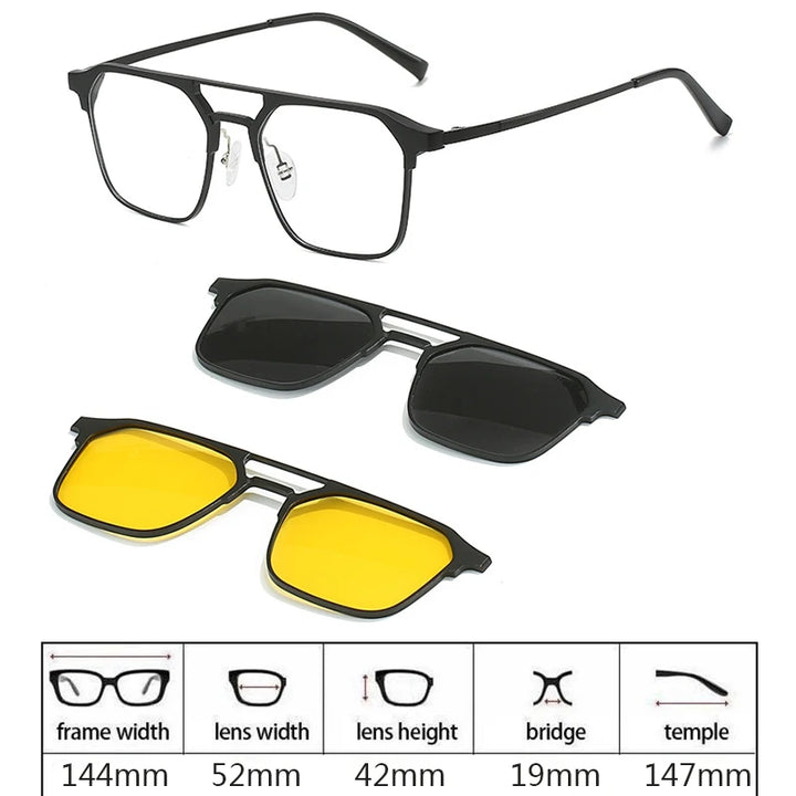 Hdcrafter Men's Full Rim Square Double Bridge Titanium Eyeglasses Clip On Sunglasses 275009