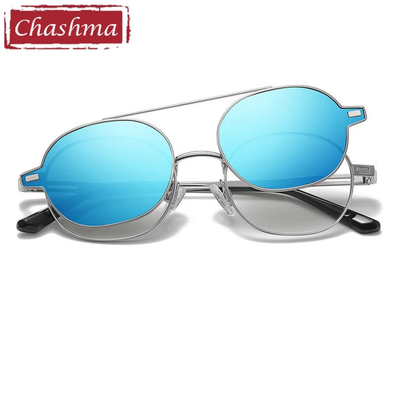 Chashma Ottica Unisex Full Rim Oval Alloy Eyeglasses Clip On Polarized Sunglasses 8802 With Clip Ons Chashma Ottica Silver- Blue Mirror  