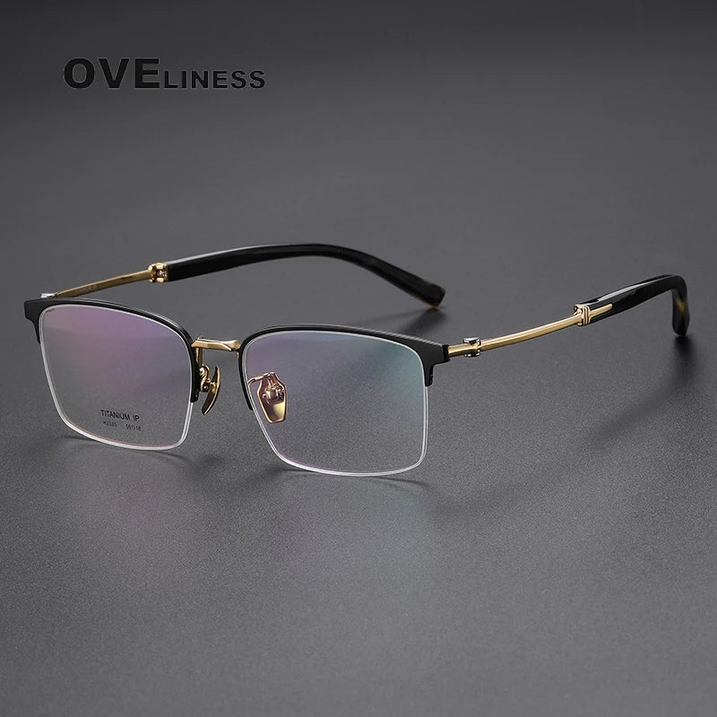 Oveliness Men's Semi Rim Square Titanium Eyeglasses O2335 Semi Rim Oveliness black gold  