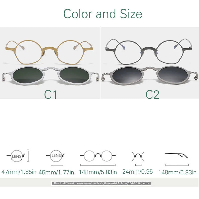 Yujo Unisex Full Rim Irregular Round Titanium Eyeglasses Clip On Sunglasses 148583