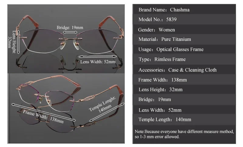 Chashma Ochki Women's Rimless Oval Titanium Eyeglasses 58394