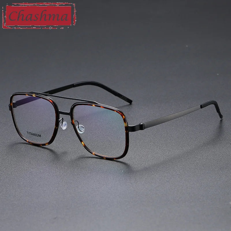 Chashma Ochki Unisex Full Rim Square Double Bridge Titanium Eyeglasses 49911 Full Rim Chashma Ochki Black-Leopard  