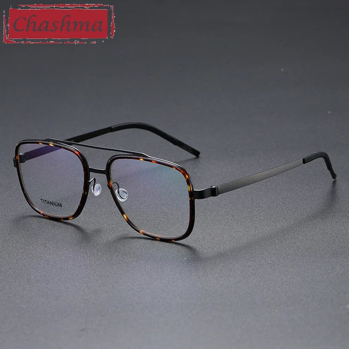 Chashma Ochki Unisex Full Rim Square Double Bridge Titanium Eyeglasses 49911 Full Rim Chashma Ochki Black-Leopard  