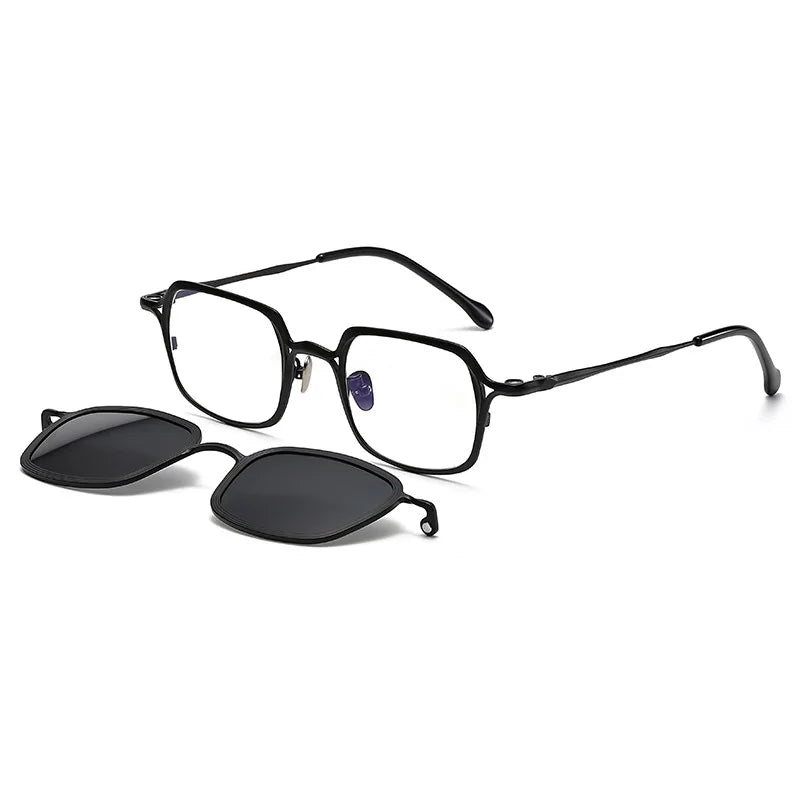 Black Mask Unisex Full Rim Square Titanium Eyeglasses Clip On Sunglasses 45969 With Clip Ons Black Mask