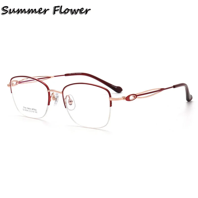 Summer Flower Women's Semi Rim Square Titanium Eyeglasses 50045 Semi Rim Summer Flower Red-Rose Gold