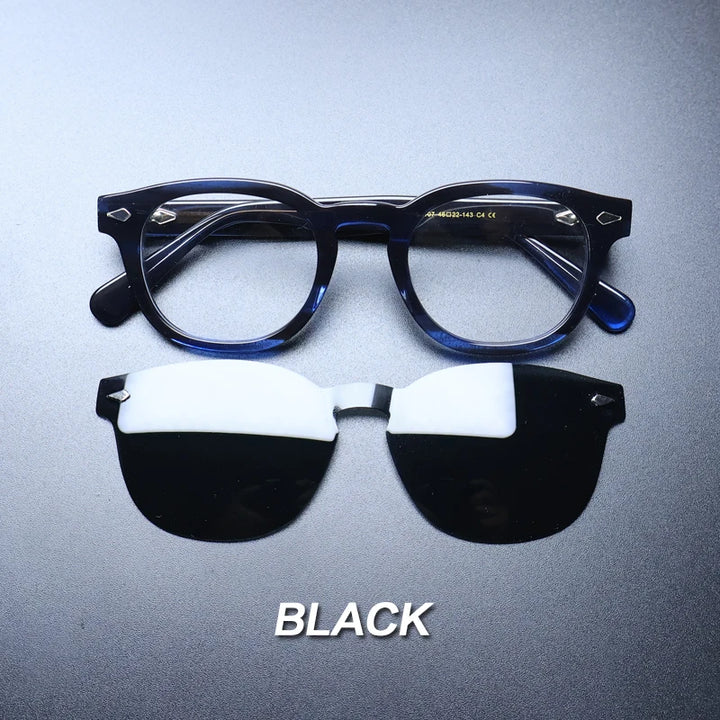 Gatenac Unisex Full Rim Round Acetate Optional Clip On Sunglasses 1237 Clip On Sunglasses Gatenac Blue Black  